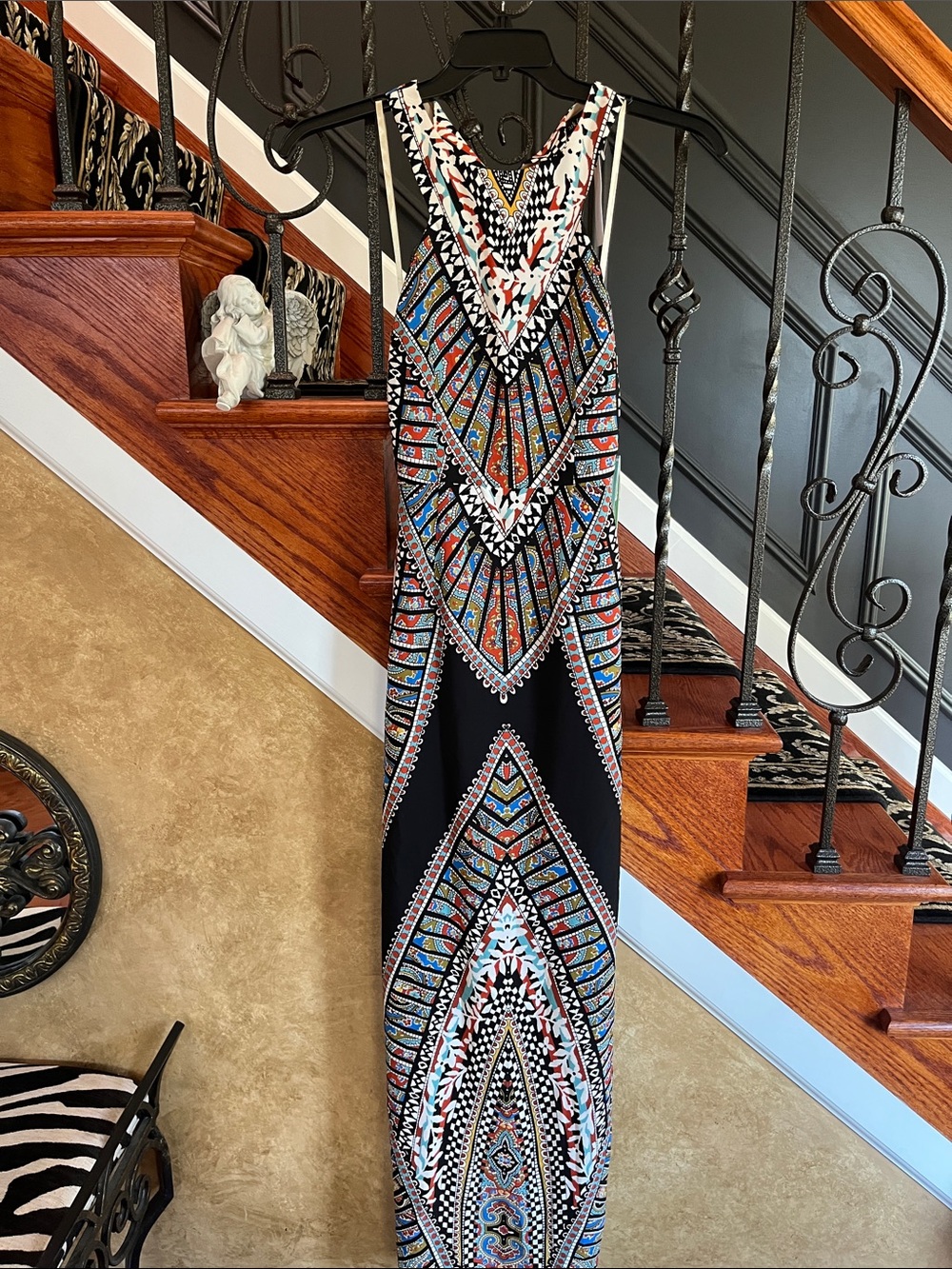 Ark & Co. Sleeveless Black Maxi Dress with Multicolor Geometric Print Open back